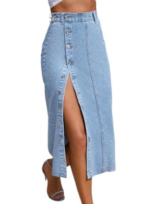 Trendy High Waisted Denim Skirt for Women Button Front Slit Midi Skirt for Ladies Fashion 2025 Summer