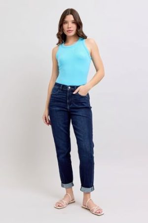 High Waist Boyfriend Jeans for Women | Stretchy Relaxed Fit Denim | Cuffed & Uncuffed Options – 82646