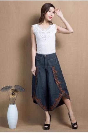 Spring and Summer Thin Trousers Embroidered Denim Skirts Pants Large