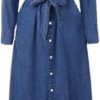 Flattering Belted A Line Summer Dress Casual Denim Midi Dress Ankle Length Long Sleeve Pullover Blouse Skirt(Blue,X-Small Tall)