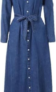 Flattering Belted A Line Summer Dress Casual Denim Midi Dress Ankle Length Long Sleeve Pullover Blouse Skirt(Blue,X-Small Tall)