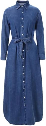 Flattering Belted A Line Summer Dress Casual Denim Midi Dress Ankle Length Long Sleeve Pullover Blouse Skirt(Blue,X-Small Tall)