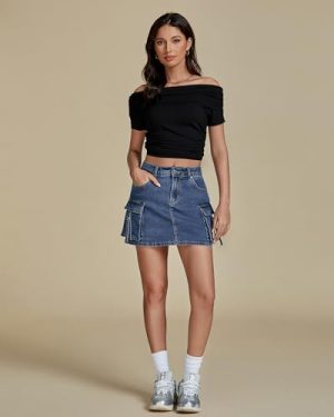 Jean Skirts for Women Denim Stretchy Cargo High Waisted Trendy Y2K Mini Skirt with Utility Pockets