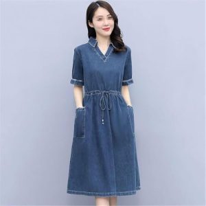 Modern Casual Denim Dress for Women Short Sleeve Mid Length Waist Cowboy Style Dress
