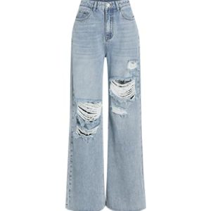 Women’s Ripped Jeans High Waisted Distressed Baggy Straight Wide Leg Pants
