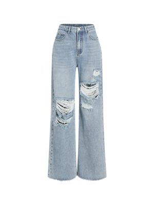 Women’s Ripped Jeans High Waisted Distressed Baggy Straight Wide Leg Pants