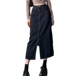 Retro Front Slit Denim Skirts Female Summer 2025 Casual Washed High Waist Long Skirt Women All-Match Design Street Midi Skirt