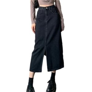 Retro Front Slit Denim Skirts Female Summer 2025 Casual Washed High Waist Long Skirt Women All-Match Design Street Midi Skirt