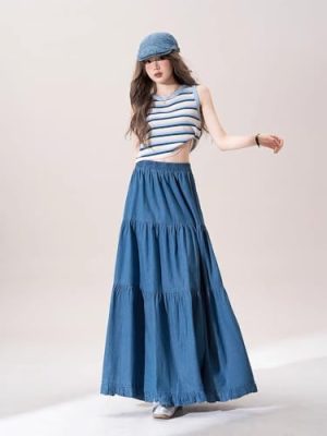 Blue Denim Skirt for Women in Summer Waist drooping Black Large Long