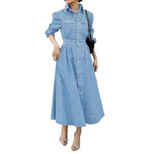 Women Denim Shirt Dress V Neck Short Sleeve Long Bottom Down A-Line Jeans Dresses with Pockets