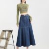 Denim Skirt Womens Blue Long Waisted Slim Large Pleated