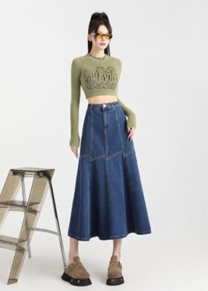 Denim Skirt Womens Blue Long Waisted Slim Large Pleated