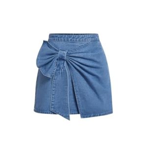 Women's High Waisted Big Bow Wrap Front Mini Bodycon Denim Skirts