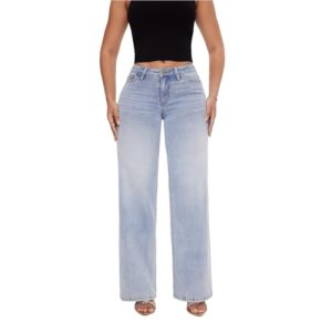 Mid-Low Rise Baggy Jeans Wide Leg for Women Distressed Pants Stretchy Bottom Lady Basic Comfortable Denim