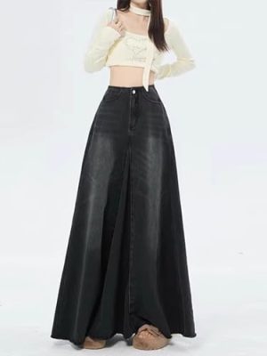 Retro Black Denim Skirt for Women in Spring and Autumn Fat pearshaped Midlength Fishtail