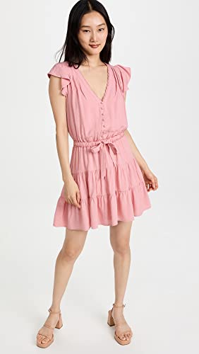 Women's Rosalee Mini Dress Tiered Skirt Covered Button in Lipstick Pink