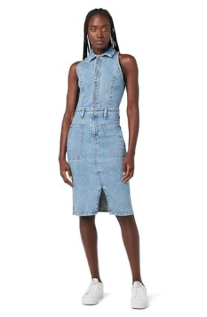 Women's Sleeveless Collared Halter Utility Dress with Pockets