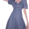 Summer Womens Blue Comfortable Denim Dress Puff Sleeve Short Casual Jean Dress