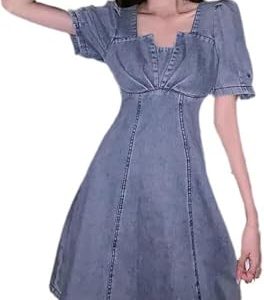 Summer Womens Blue Comfortable Denim Dress Puff Sleeve Short Casual Jean Dress