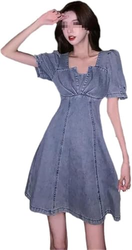 Summer Womens Blue Comfortable Denim Dress Puff Sleeve Short Casual Jean Dress