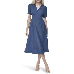 Women's Short Sleeve Button Front Fit & Flare Midi Dress