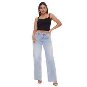 Mid-Low Rise Baggy Jeans Wide Leg for Women Distressed Pants Stretchy Bottom Lady Basic Comfortable Denim