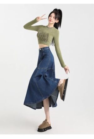 Denim Skirt Womens Blue Long Waisted Slim Large Pleated