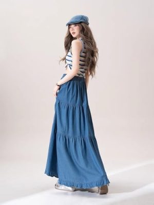 Blue Denim Skirt for Women in Summer Waist drooping Black Large Long