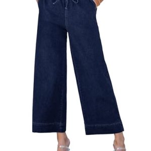 Wide Leg Jeans for Women High Waisted Cropped Pull On Jeans Elastic Wasit Drawstring Stretch Denim Trouser Pants
