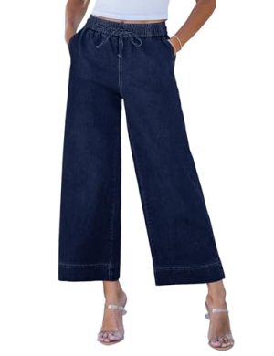 Wide Leg Jeans for Women High Waisted Cropped Pull On Jeans Elastic Wasit Drawstring Stretch Denim Trouser Pants