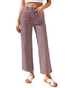 Wide Leg Jeans for Women High Waisted Straight Leg Stretchy Cropped Denim Pants with Pockets Jean Trousers
