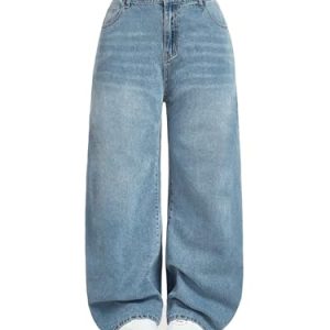 High Waist Wide Leg Jeans, Light Blue Denim, Elastic Waistband, Baggy Fit