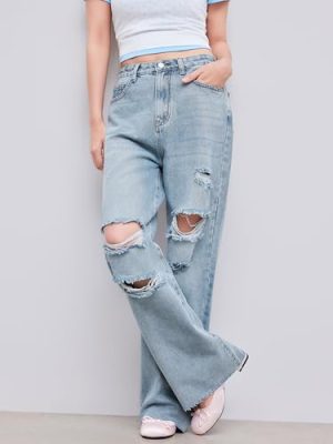 Women’s Ripped Jeans High Waisted Distressed Baggy Straight Wide Leg Pants