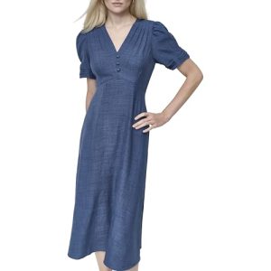 Women's Short Sleeve Button Front Fit & Flare Midi Dress
