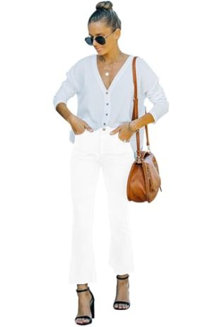 Flare Jeans for Women Cropped Stretchy Mid Rise Bell Bottom Jeans Womens Crop Flare Jeans with Raw Hem