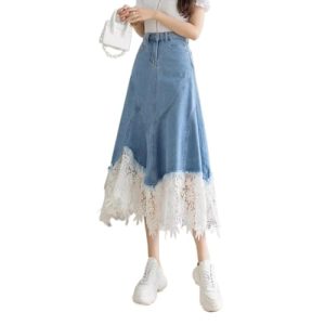 Lace ​​Denim Skirt for Women Summer Waist Midlength Retro Irregular