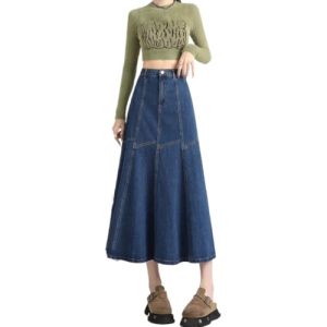 Denim Skirt Womens Blue Long Waisted Slim Large Pleated