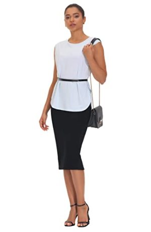 Women's High Waist Tummy Control Pencil Skirts Stretchy Bodycon Midi Skirt Below Knee with Back Slit