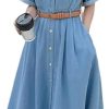 High Waist Short Sleeve Turn Down Collar Single Breasted Denim Dress for Women Modern Classic Vintage Long Dress