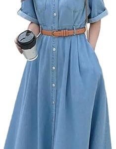 High Waist Short Sleeve Turn Down Collar Single Breasted Denim Dress for Women Modern Classic Vintage Long Dress