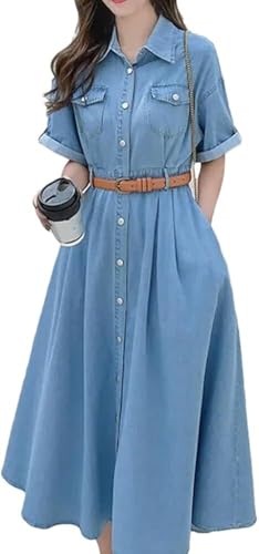 High Waist Short Sleeve Turn Down Collar Single Breasted Denim Dress for Women Modern Classic Vintage Long Dress