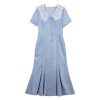 Slim Denim Long Skirt Retro Patchwork Embroidered Short Sleeved Dress
