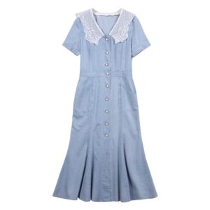 Slim Denim Long Skirt Retro Patchwork Embroidered Short Sleeved Dress