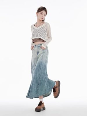 French Denim Skirt Womens Spring and Autumn Waist Slim Fish Long