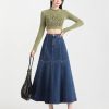Denim Skirt Womens Blue Long Waisted Slim Large Pleated
