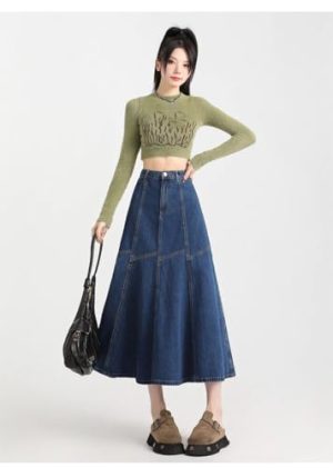 Denim Skirt Womens Blue Long Waisted Slim Large Pleated