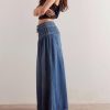 Women's Baggy Wide Leg Denim Pants Drawstring Midi Waisted Flare Jeans Ruffle Pleated Button Jeans