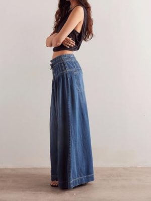 Women's Baggy Wide Leg Denim Pants Drawstring Midi Waisted Flare Jeans Ruffle Pleated Button Jeans