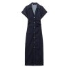Womens Denim Shirt Dress Short Sleeve Long Ruched Bodycon Casual Elegant Midi Jean Dress
