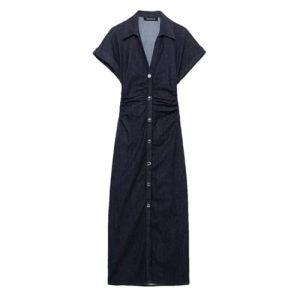 Womens Denim Shirt Dress Short Sleeve Long Ruched Bodycon Casual Elegant Midi Jean Dress